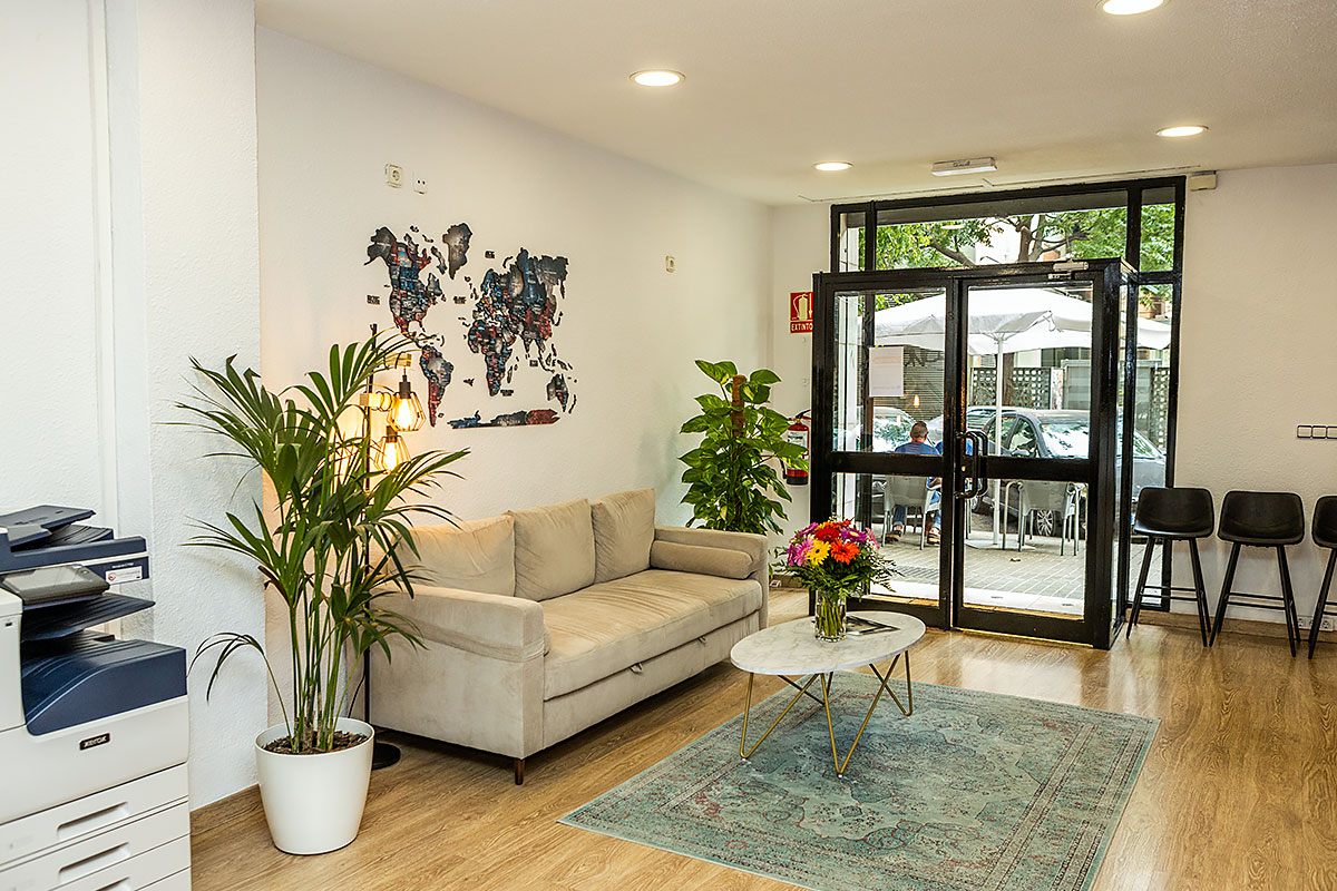 Zona de espera en la escuela Sunlight en Valencia - sofá, plantas y mapa del mundo en la pared